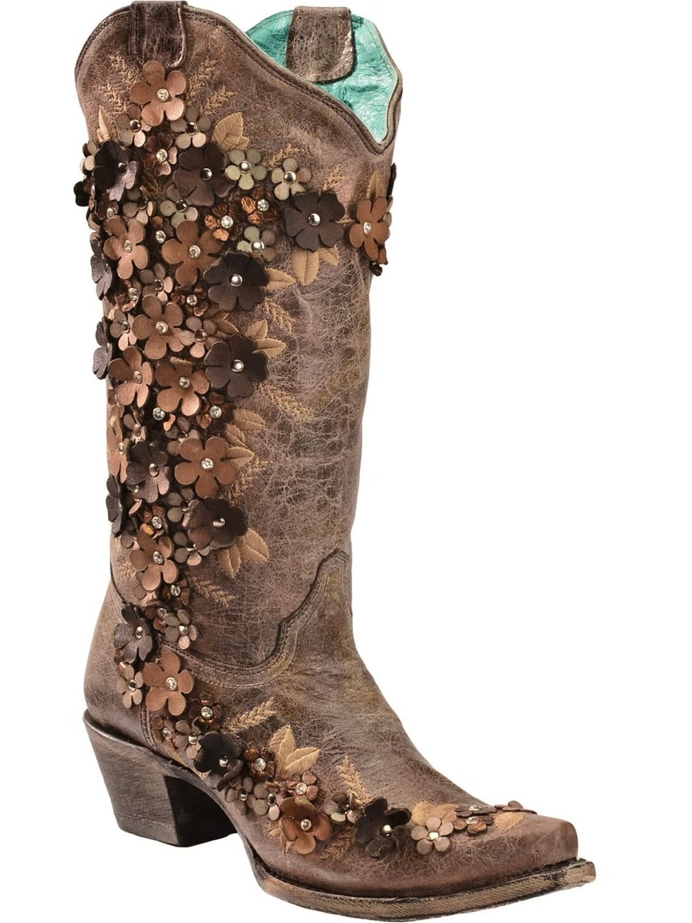 CORRAL WOMEN'S TOBACCO FLORAL OVERLAY EMBROIDERED STUD & CRYSTALS COWGIRL BOOT
